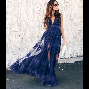 Luxxel Navy Blue Velvet Lace Deep V Maxi Dress